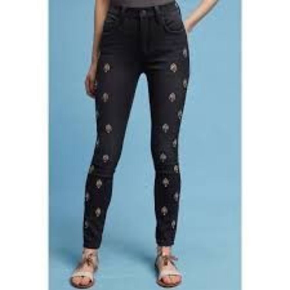 Anthropology Pilcro Script High Rise Embellished Skinny Jeans Black Boho Beaded - Picture 4 of 16